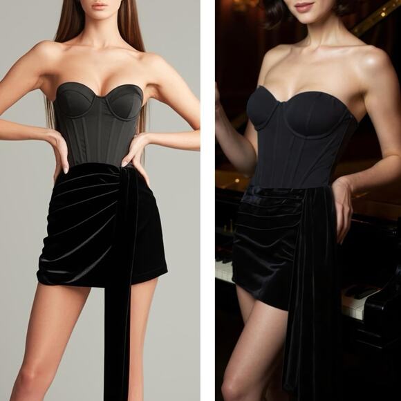 Retrofete Dresses & Skirts - Retrofete Bustier Lace Up Ruched Draped Black Mini Dress Size XS